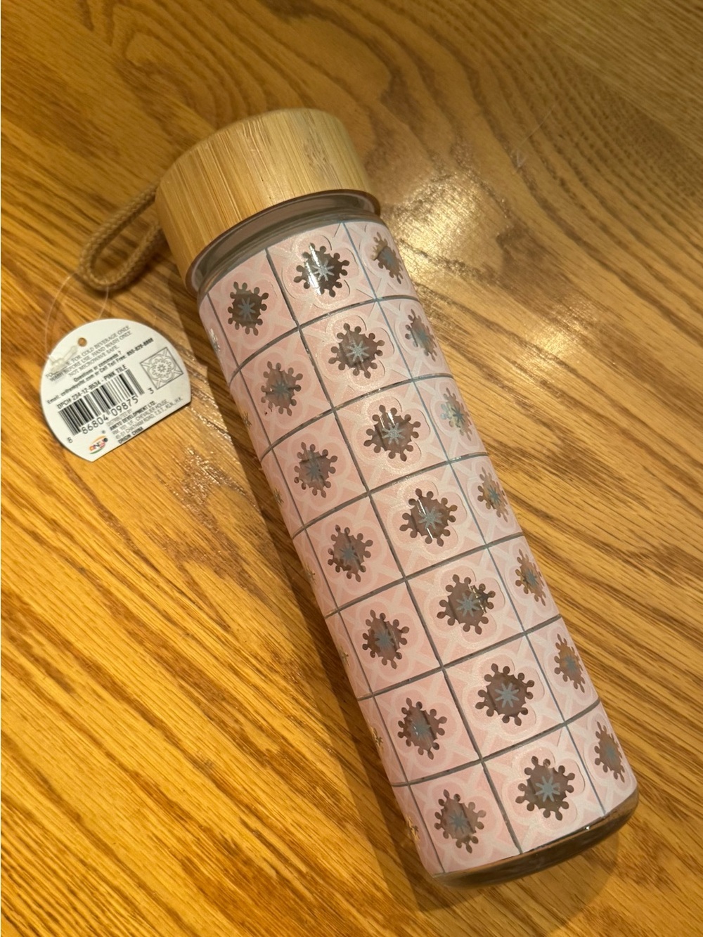 Pink Patterned Glass Water Bottle with Bamboo Lid